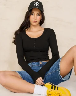 Basic Fine Rib Henley Long Sleeve Top