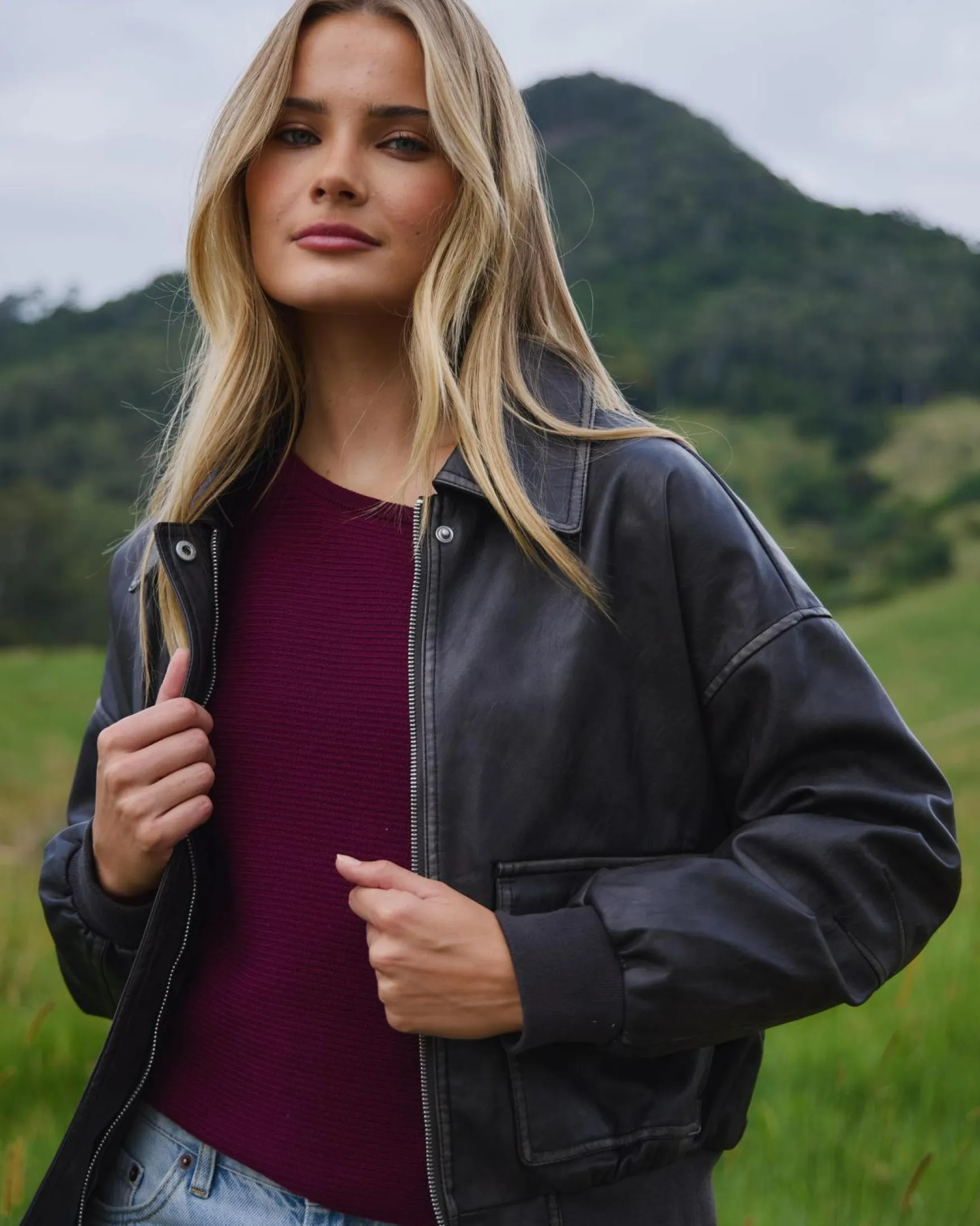 Garage Faux Leather Bomber Jacket