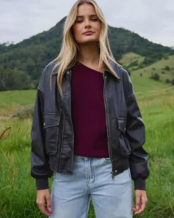 Garage Faux Leather Bomber Jacket