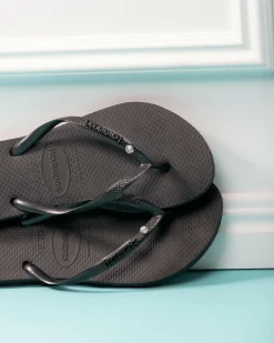 Slim Metal Logo Crystal Thongs